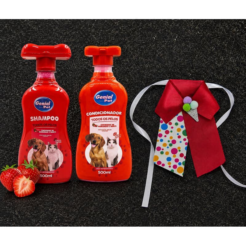 Kit Genial Pet Morango e Buriti 🍓, Shampoo 500ml , Condicionador 500ml e Gravata Pet.