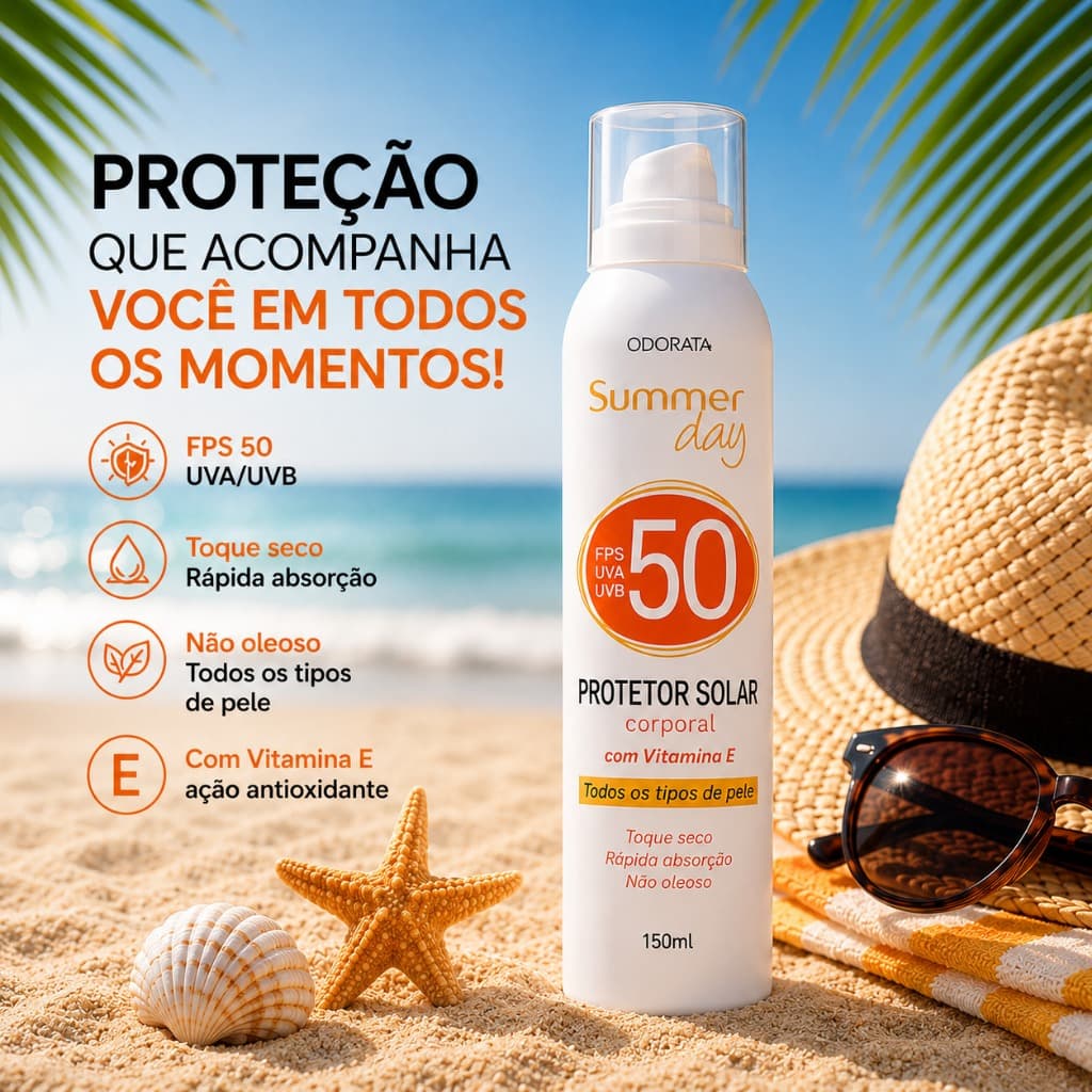 Protetor Solar Summer Day Aerosol FPS 50 Toque Seco Com Vitamina E 150ml Odorata