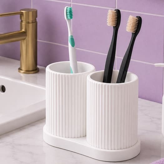 Kit Porta Escovas Dente Duplo Base Organizador Canelado Banheiro Penteadeira Multiuso Escritório Maquiagem Lápis Canetas