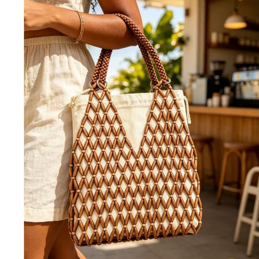Bolsa Tote de Contas Perfurada com Forro de Tecido Removível, Bolsa de Mão Estilo Verão Praia, Modelo Espaçoso Casual pa