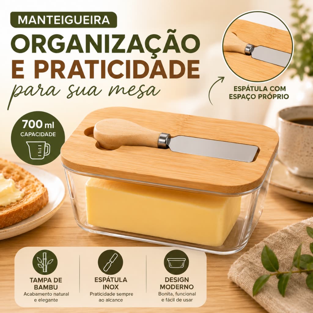 Manteigueira Porta Manteiga PET Tampa de Bambu Espátula de Inox 700ml