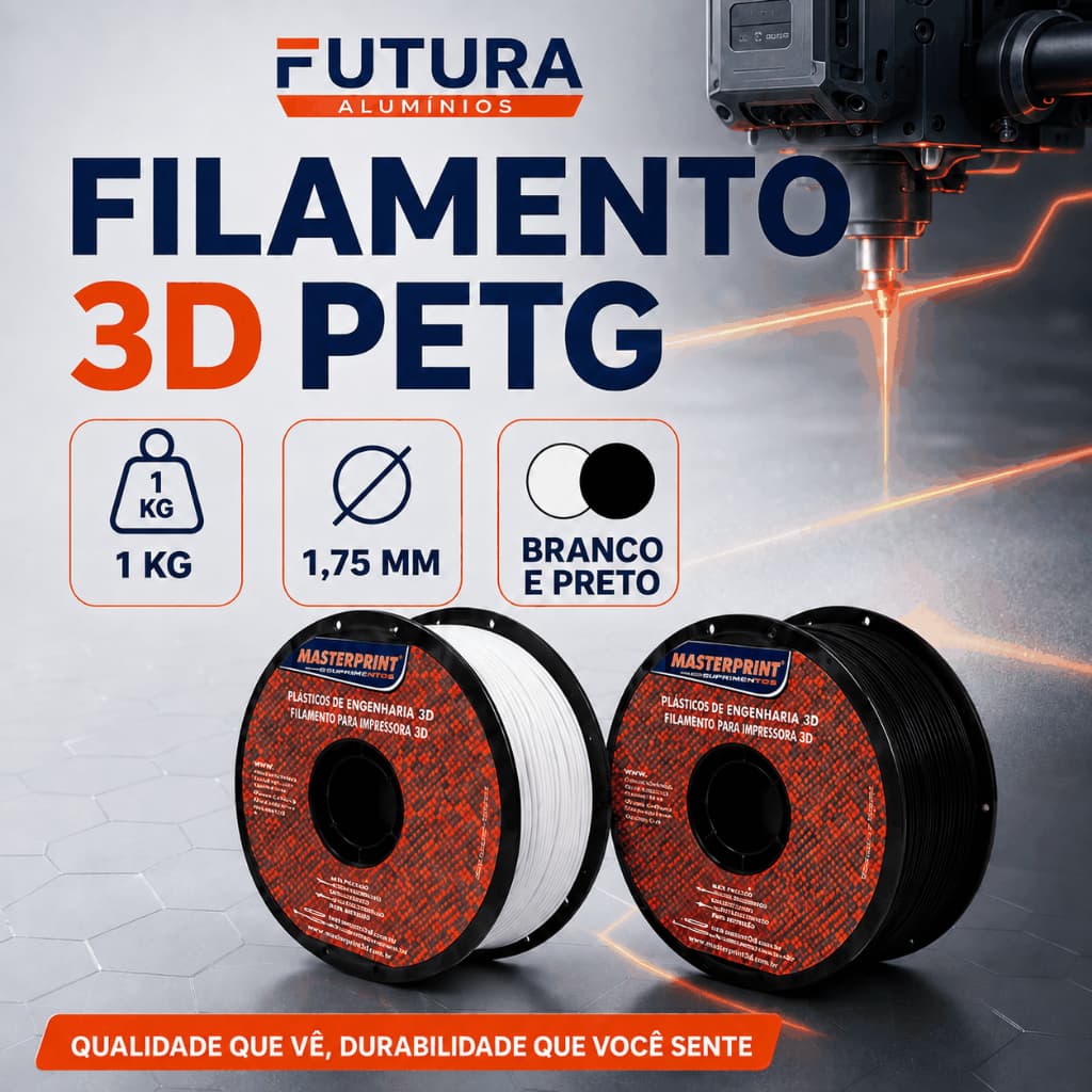 Filamento PETG 1kg 1,75mm Masterprint Impressora 3D Alta Resistência Branco Preto