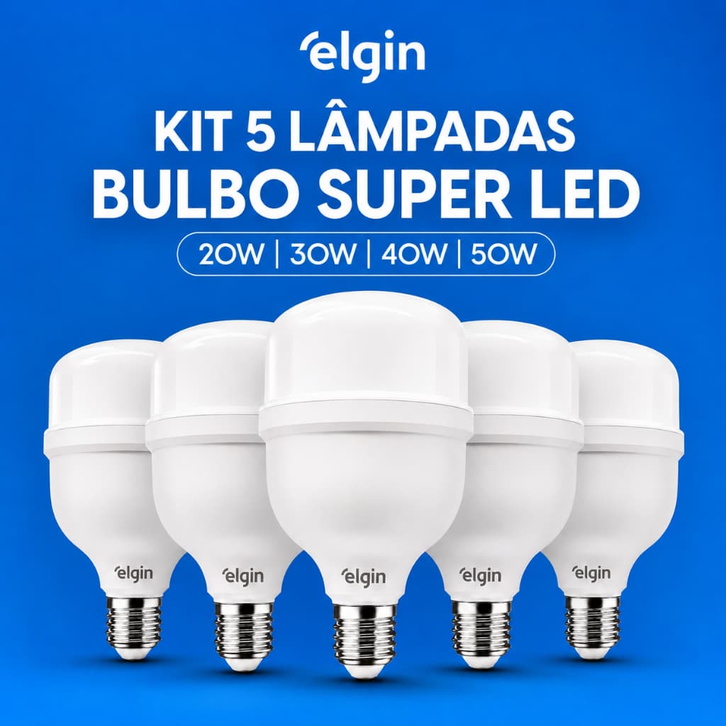 Kit 5 Lâmpadas LED Bulbo Alta Potência 20W 30W 40W 50W 6500k Branco Frio Elgin