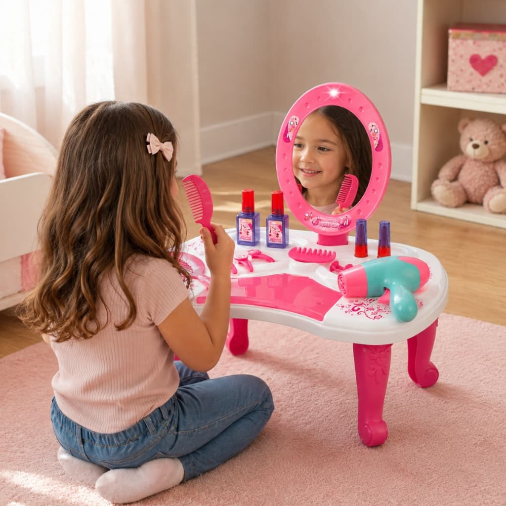 Penteadeira Infantil Princesa Rosa Com Espelho E Acessórios Salão De Beleza Menina