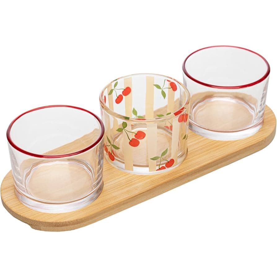 Conjunto Petisqueira 4 Peças Cherry Lyor Vidro com Bandeja de Bambu para Servir