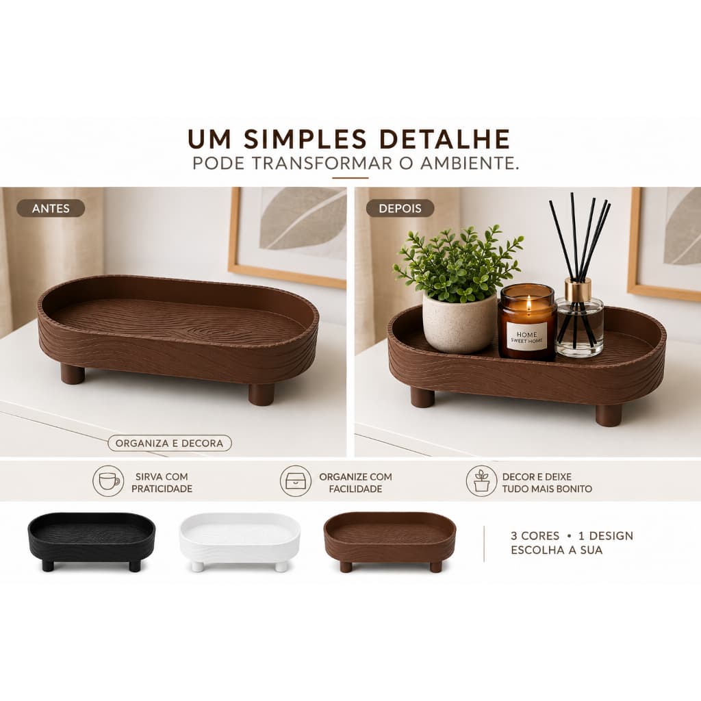Bandeja Decoração Organizadora Oval Decorativa Wood Design Preta Branca Marrom Organizador de mesa Organizador Multiuso