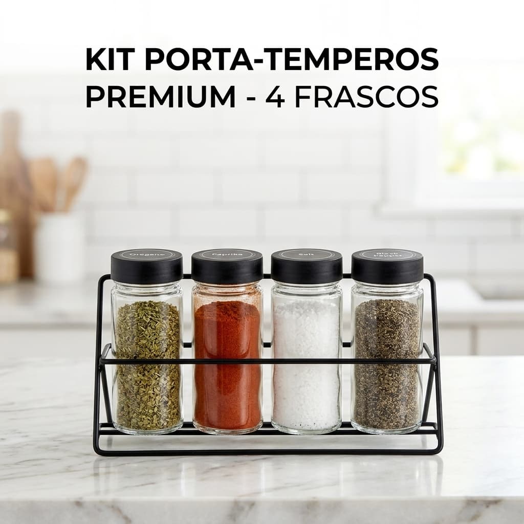 Kit Porta Temperos Condimentos Vidro 4 Potes 90ml C/ Suporte Horizontal Preto Organizador