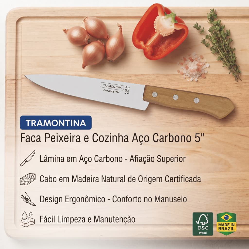 Faca Peixeira e Cozinha Tramontina Aço Carbono 5 Polegadas - Cabo em Madeira Natural
