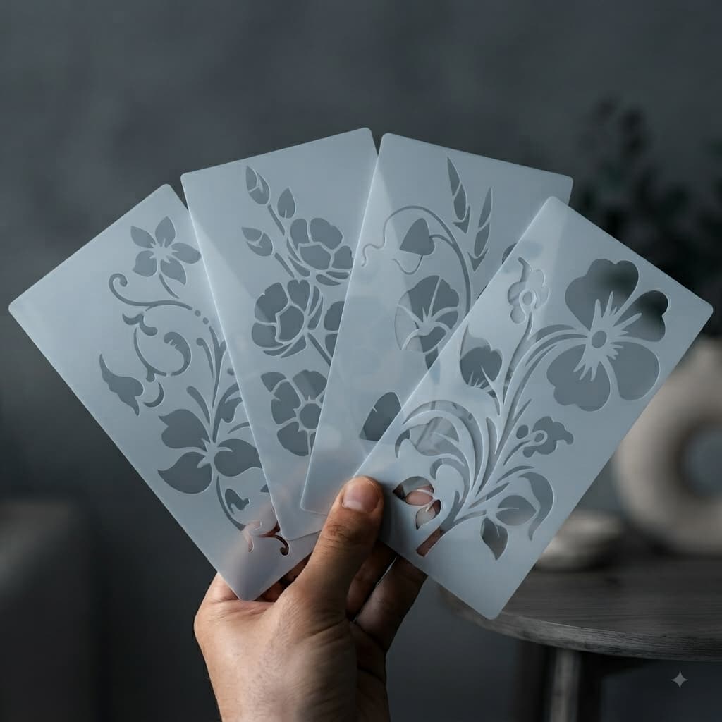 Kit 4 Estêncil Floral Moldes para Pintura Flores Folhas Artesanato Parede MDF Tecido Gesso Decoração Stencil