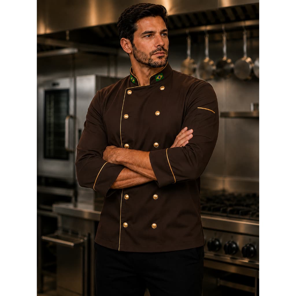 Dólmã Imperial Chef em Gabardine Marrom Premium | Bordado Incluso | Manga 3/8 | Botão de Pressão