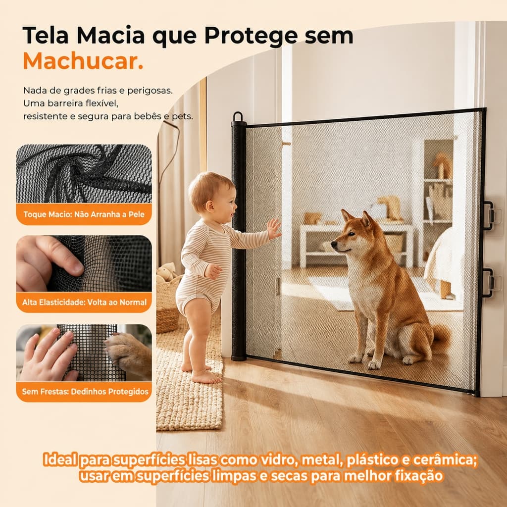 Portão Retrátil para Pets e Bebês Tela de Proteção Sem Furos Abertura com Uma Mão para Cães e Gatos 110/150/180x70cm