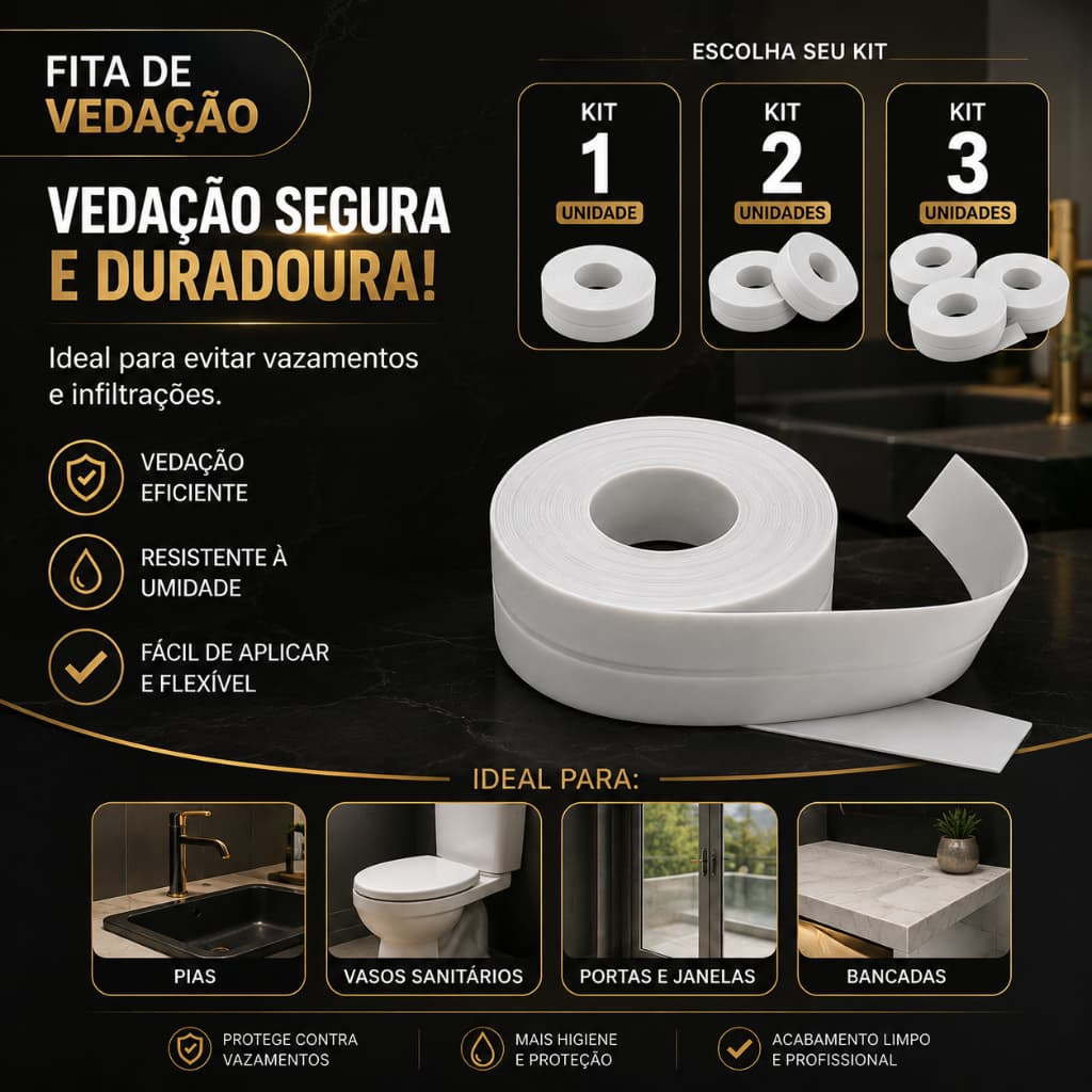 Kit Fita Adesiva de Vedação PVC 3M Impermeável Multiuso para Cozinha e Banheiro Variação 1 - 2 - 3 Unidades