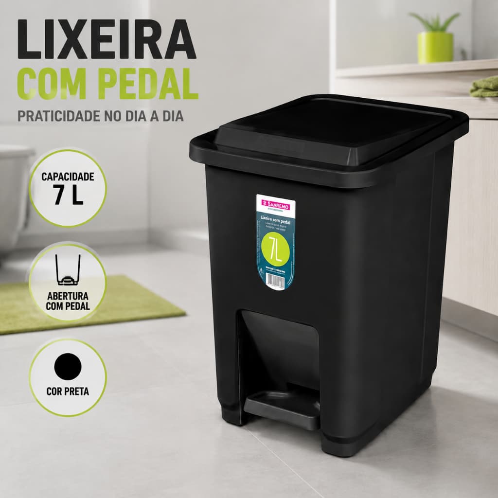 Lixeira Preta 7 Litros em Plástico Resistente com Pedal e Tampa para Banheiro Cozinha Escritório Quarto Casa e Comércio