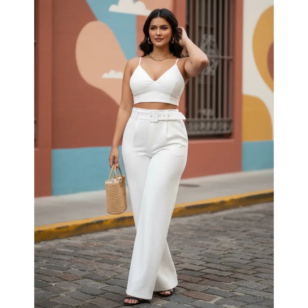 Calça Pantalona Conjunto Feminino Cinto Cropped Alça Ajustável Elegante Confortável