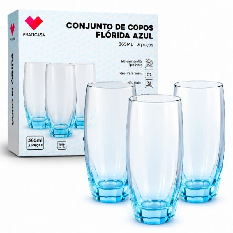 Kit 3 Copos de Vidro Flórida Azul 365ml Praticasa Copo Alto Elegante Para Água Suco Refrigerante Jogo de Copos