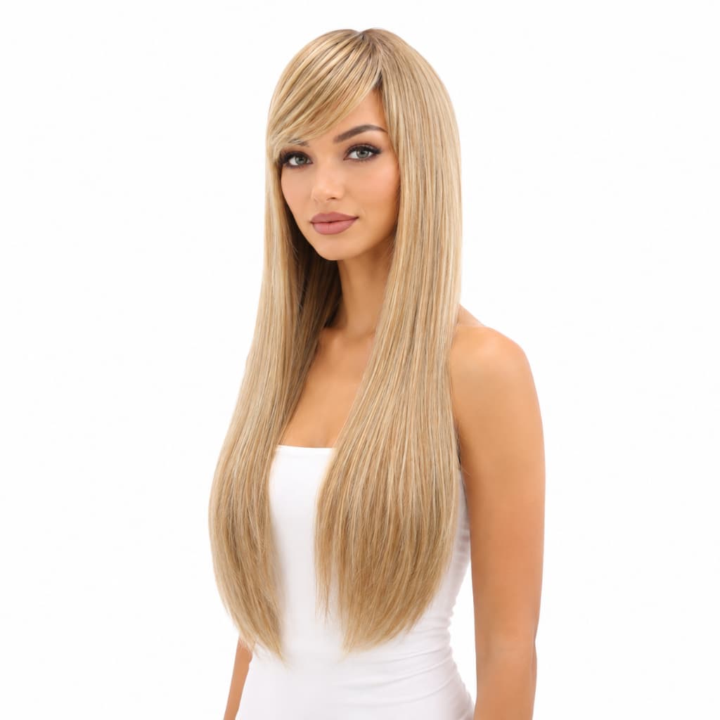 Peruca Fibra Orgânica Lisa C/ Franja 75cm + Wig Cap