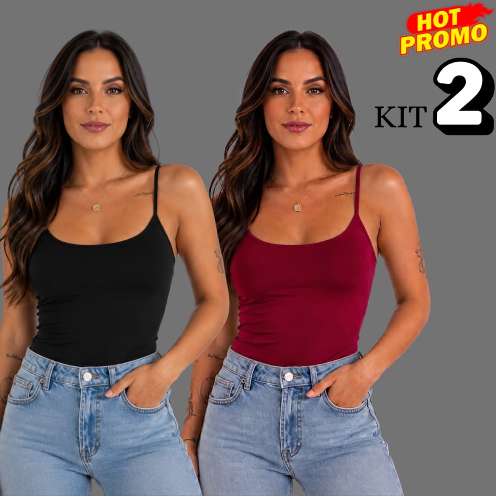 KIT 2 Blusa Regata Alcinha Feminina Suplex Alça Fina Básica Cropped Tube