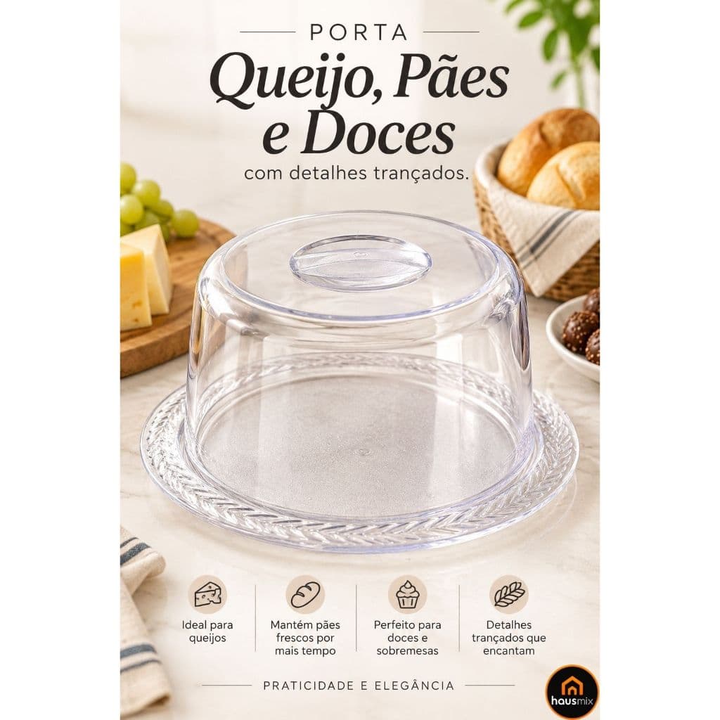 Queijeira Porta Queijo Acrílico Com Tampa Café da Manhã Premium Lisa - (ENVIO IMEDIATO)