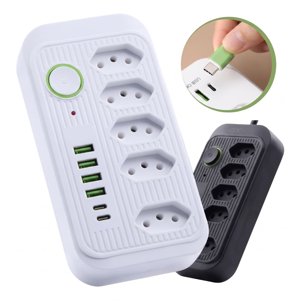 Extensão Elétrica e Filtro de Linha de Alta Potência 5 Tomadas 6 Portas USB (4 USB-A e 2 USB-C)