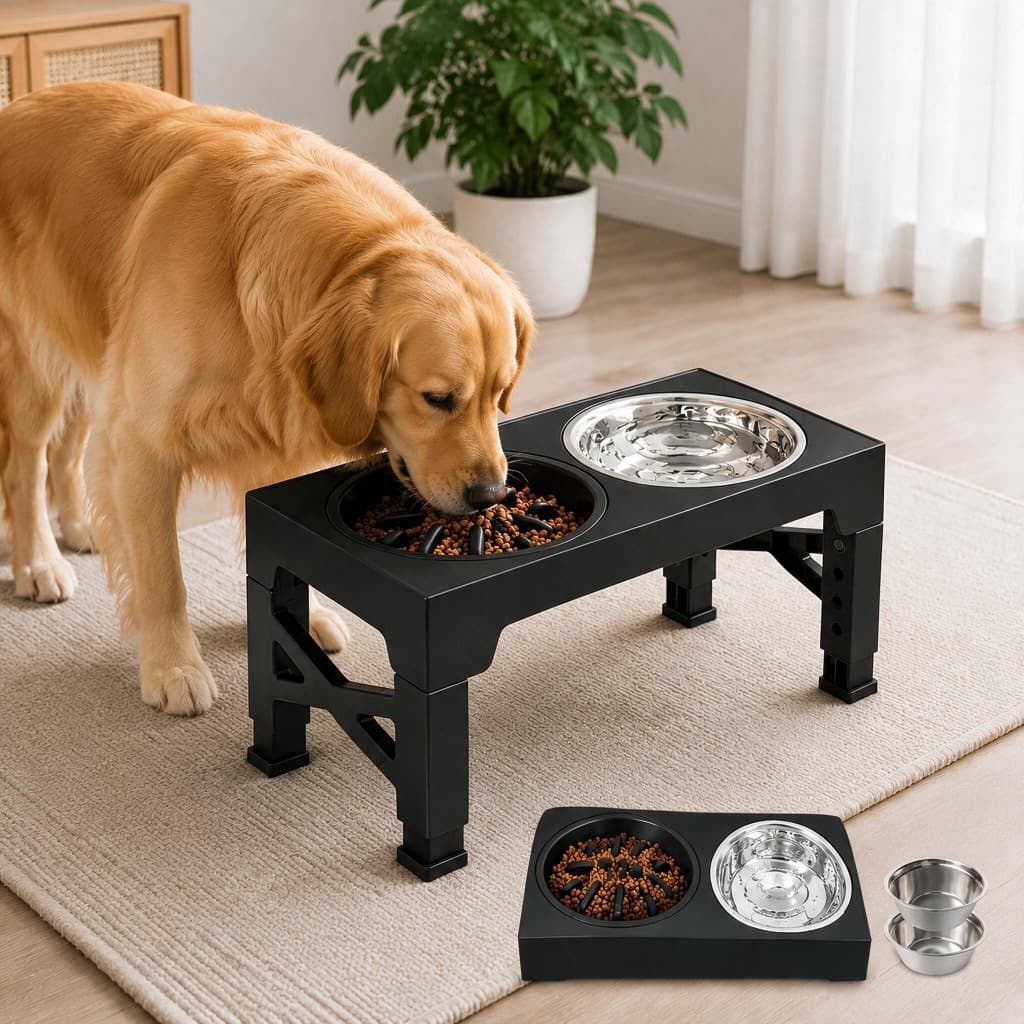 Comedouro Elevado Ajustável 5 Alturas para Cães, Dobrável com Comedouro Lento + 2 Tigelas Inox