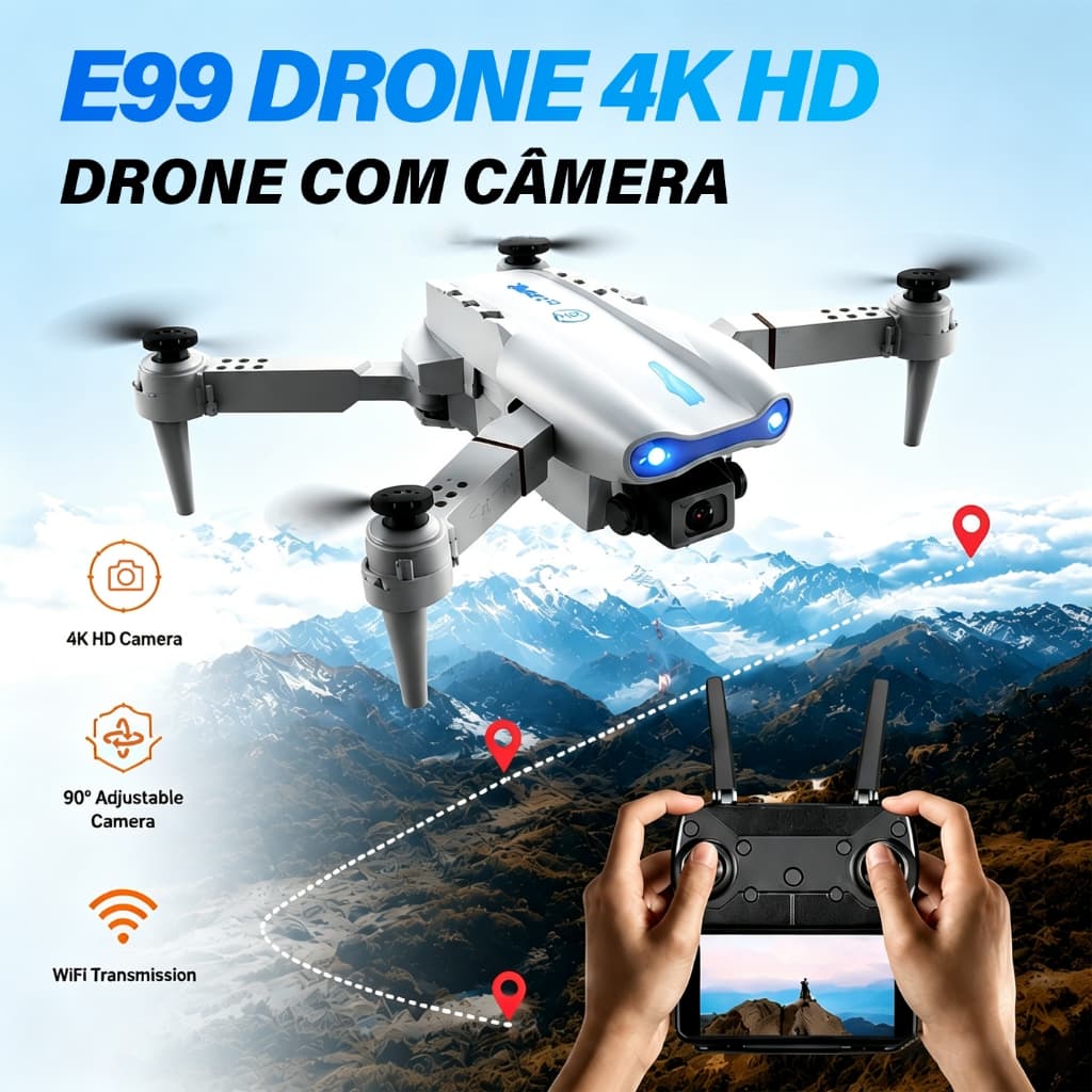 Drone E99 Dobrável Câmera 4K HD Lente Grande Angular WiFi FPV Altitude Hold Voo Estável Quadcopter Portátil Iniciant