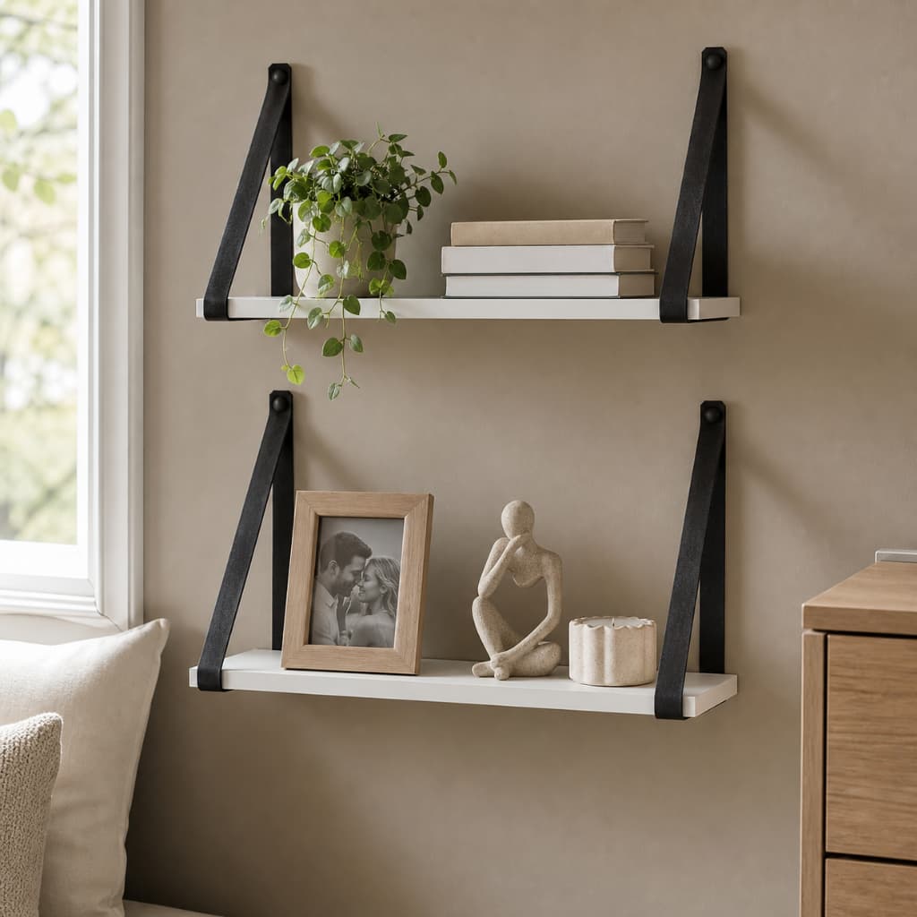Kit 2 Prateleiras Branca Mdf 45 X 15cm Com Alça Preta Couro Ecológico Suspensa Suporte Organização Decoração Interiores