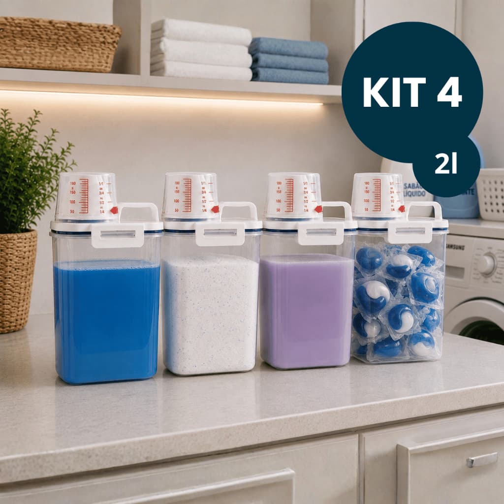 Kit 4 Potes Hermético Multiuso 2L com Bico Dosador Copo Medidor Porta Mantimentos Lavanderia e Pet
