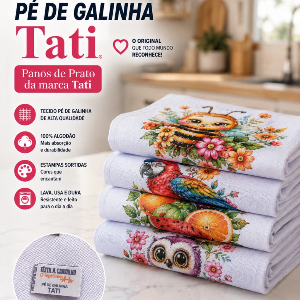 Pano De Prato Atacado Estampado Grande 100% Algodão Pé De Galinha Tati Kit Bainha 41 x 66 cm Kit 5 /10/15