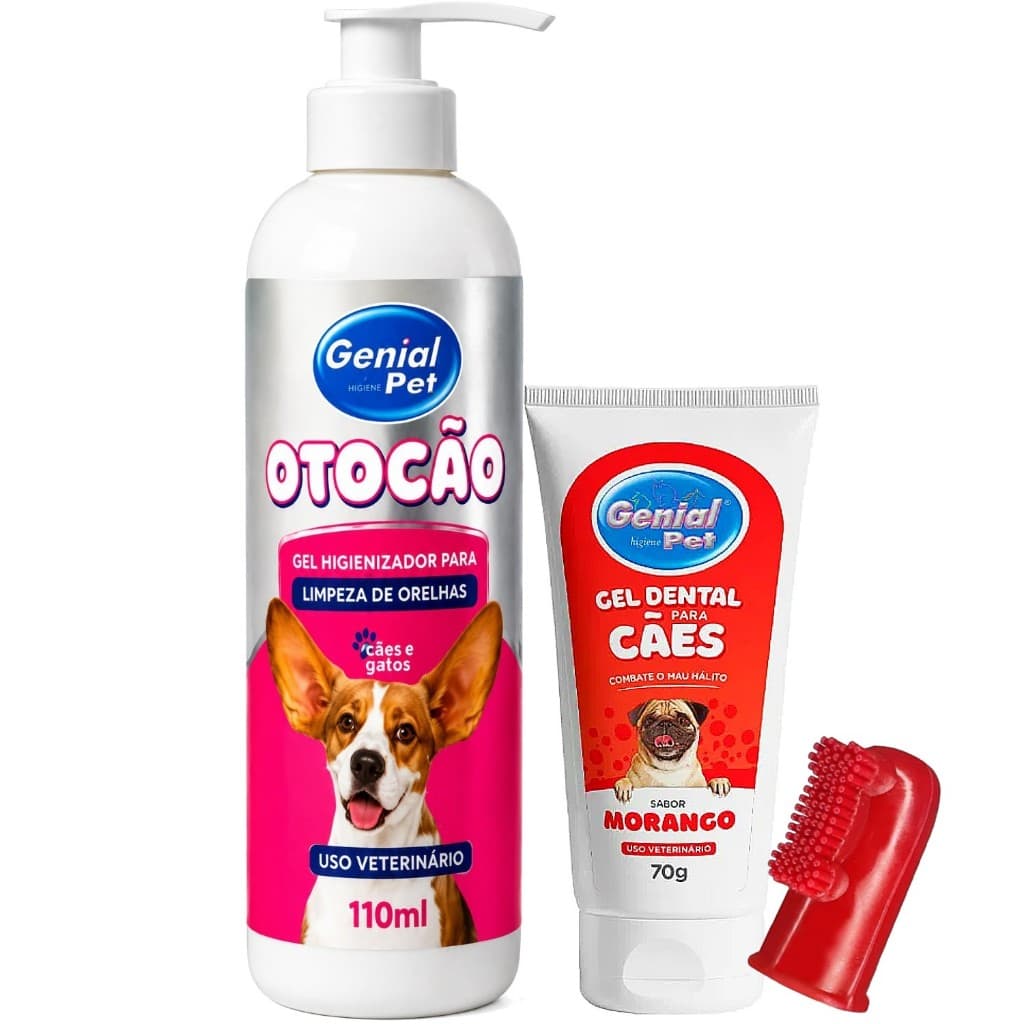 Kit Pet Limpador De Orelha + Gel Pasta De Dente Sabor Morango Cachorro e Gato