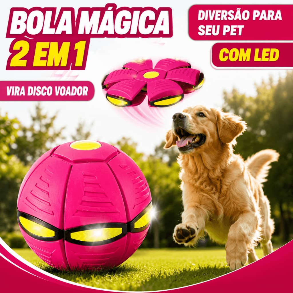 Bola Mágica para Cachorro 2 em 1 Vira Disco Voador com LED Brinquedo Interativo Pet Vermelha ou Rosa