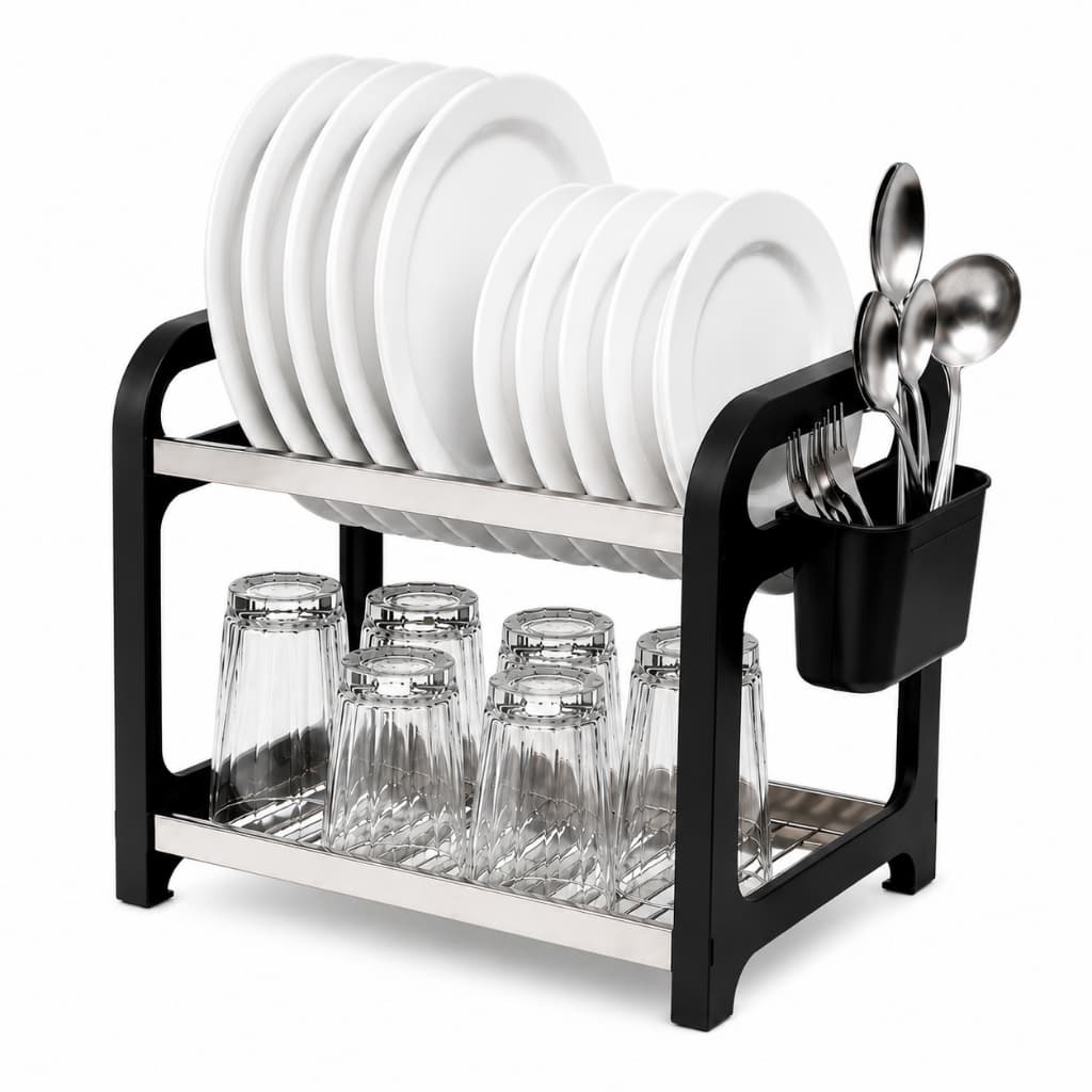 Escorredor de Louça Inox 12 Pratos Copos Pote Assadeira Cozinha Preto Porta Talher Organizador