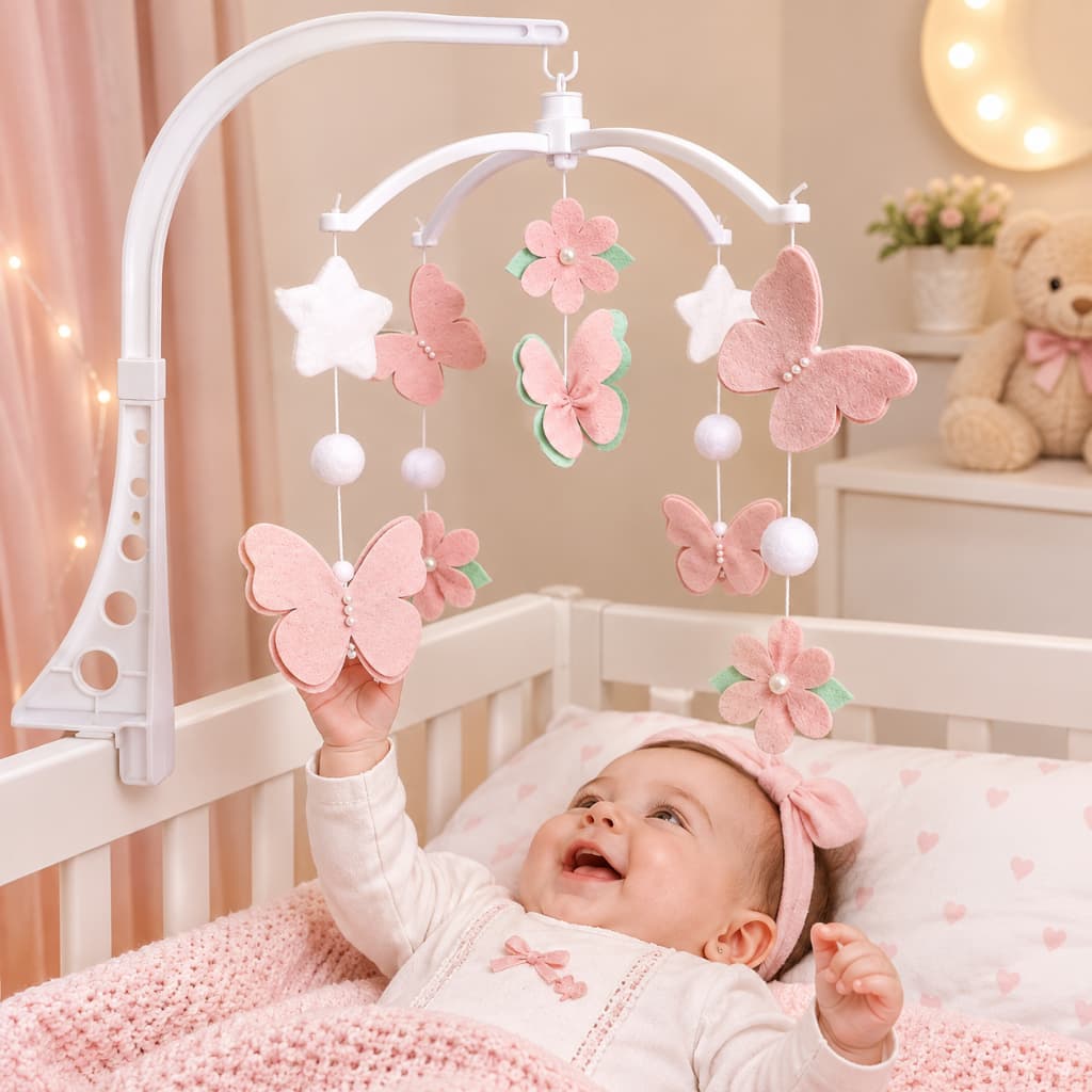 Móbile Baby Móbile de Berço Musical e Giratório Borboletas Rosa e Branco Menina