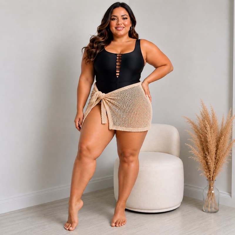 Saída de Praia Plus Size Curta Tricot Saída de Banho Feminino Tamanho Grande Tricô Premium Com Fenda