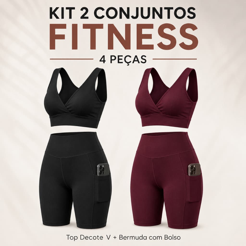 Kit 2 Conjuntos Fitness Feminino Top Gola V Bermuda Ciclista Cintura Alta Academia Treino Suplex