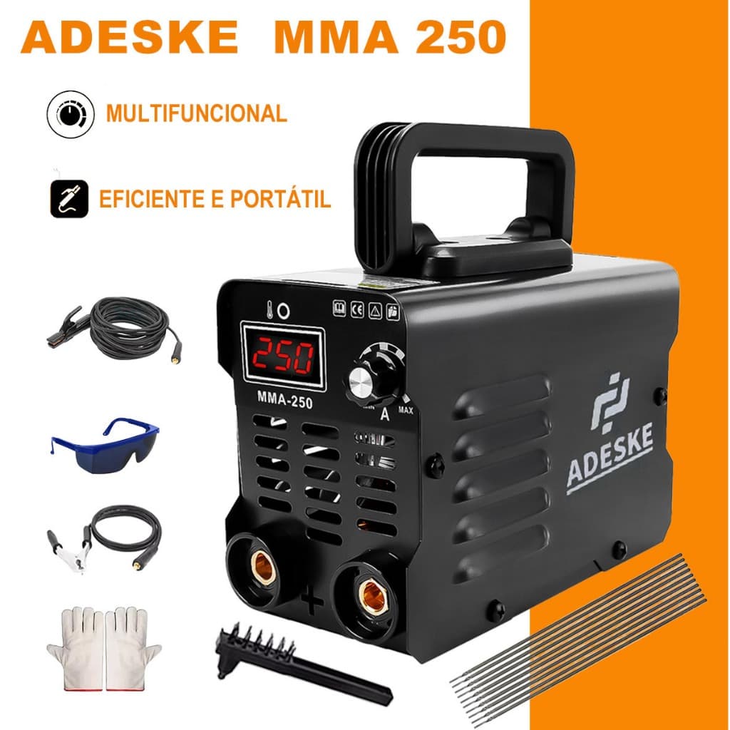 Máquina de Solda Inversora MMA 250A Portátil 2,5kg Escolha 110V ou 220V para Solda em Aço, Ferro e Chapa Galvanizada