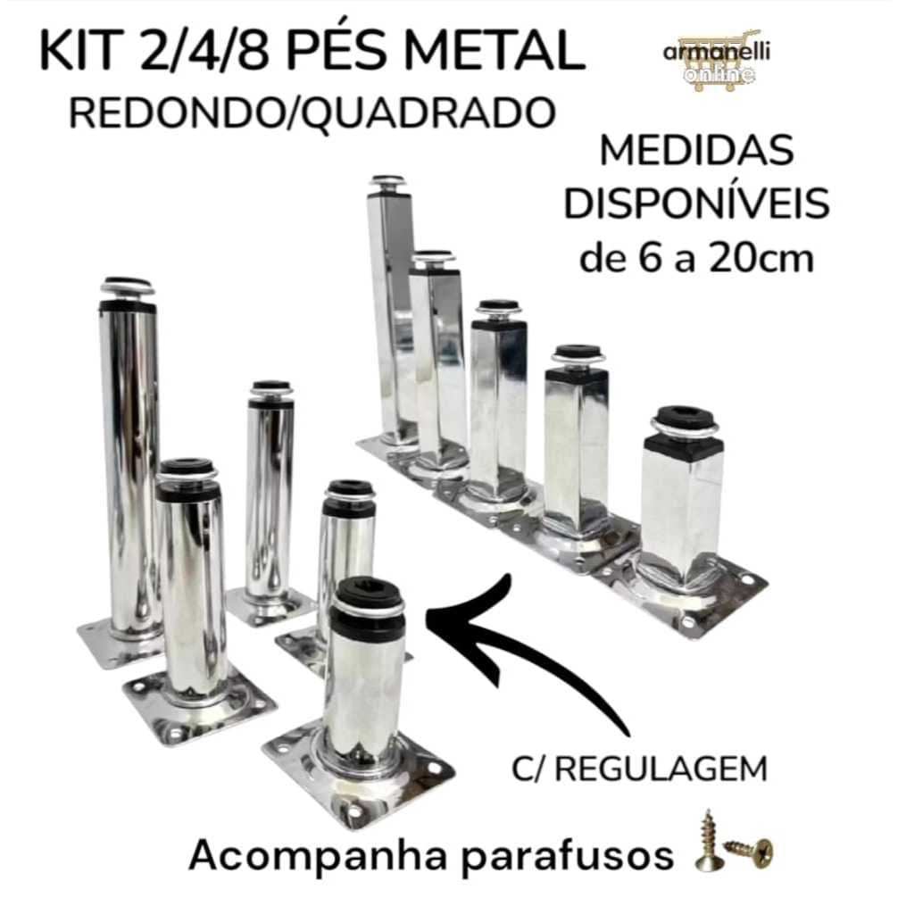 Kit Pé de Metal Para Móveis Cromado 6 a 20cm Redondo ou Quadrado para armários em geral