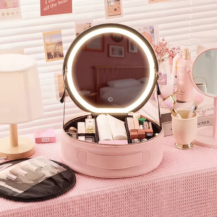 Kit Maleta de Maquiagem Completa com Espelho LED e Paleta de Maquiagem Mais Click