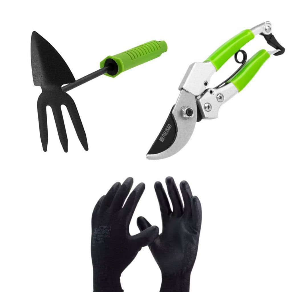 Kit Ferramentas Jardinagem 5 Peças Luva Ancinho Pazinha Tesoura de Poda