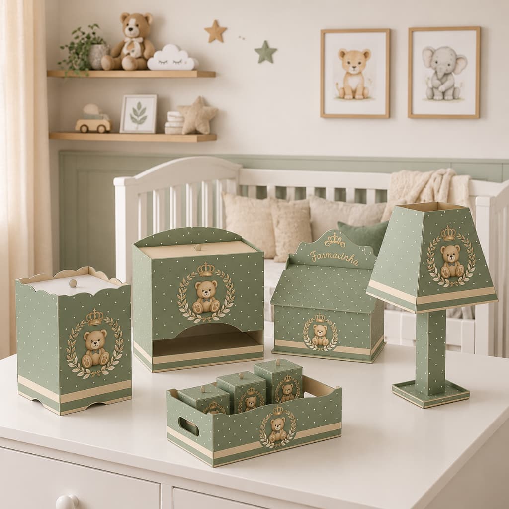 Kit Higiene Bebê Ursinho Rei Mdf 8 Peças Completo