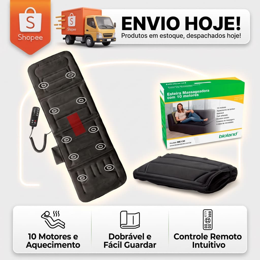 Esteira Massageadora Corporal 10 Motores, Vibração Relaxante para Costas, Pernas e Corpo - Bioland