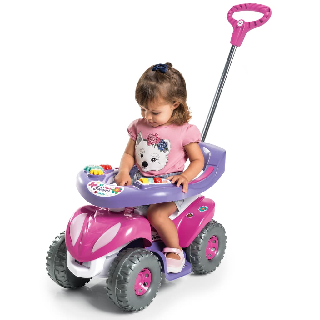 Carrinho de Passeio 2 em 1 Quadriciclo Infantil Super Flower com Haste Motoquinha Colorida Calesita