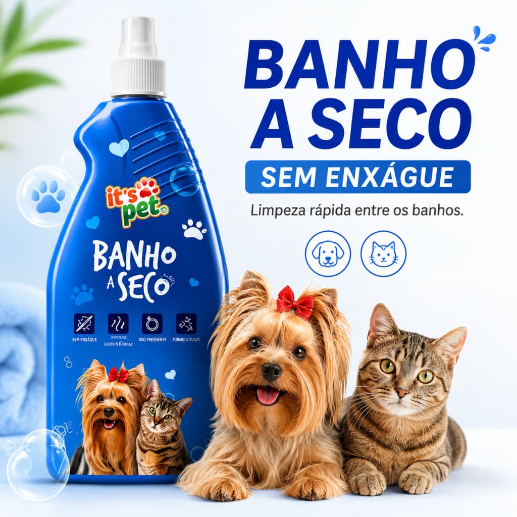 Banho a Seco Spray 500ml para Cães e Gatos sem Enxágue Limpa, Perfuma e Ajuda a Desembaraçar