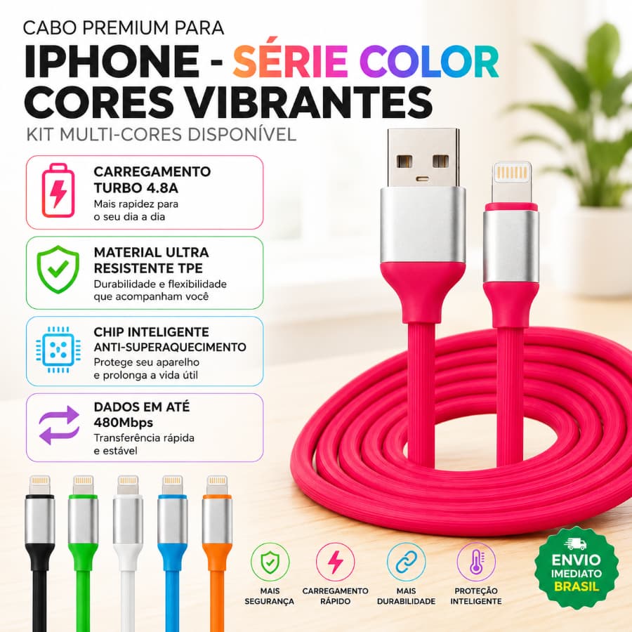 Cabo Carregador Lightning Turbo 1.2M Colorido Emborrachado Reforçado Celular iPhone 11 12 13 14 15