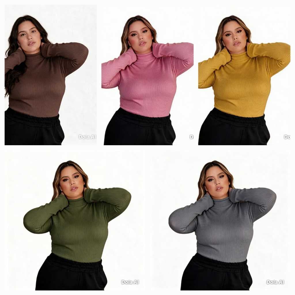 Kit 5 Blusas Feminina Cacharrel Plus Size Gola Alta Segunda Pele Manga Longa Canelada Tamanho G1,G2,G3