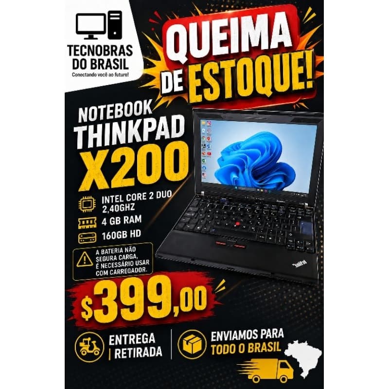 Notebook Lenovo ThinkPad X200 - 4RAM 160HD revisado c/garantia - BATERIA NÃO SEGURA CARGA - Acompanha carregador novo