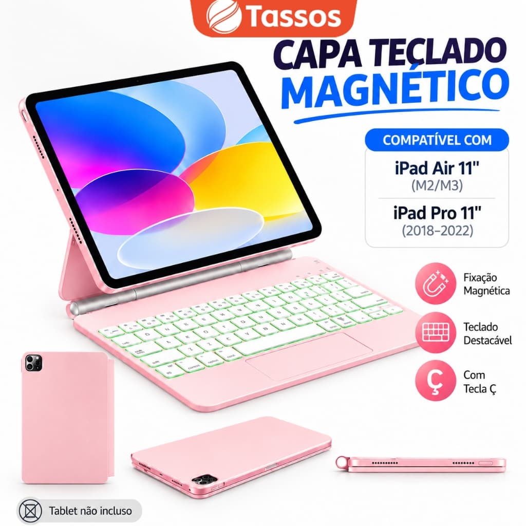 TASSOS Teclado para iPad Air 11 M2 M3 Pro 11 Capa Magnética Bluetooth Touchpad Retroiluminado Tecla Ç