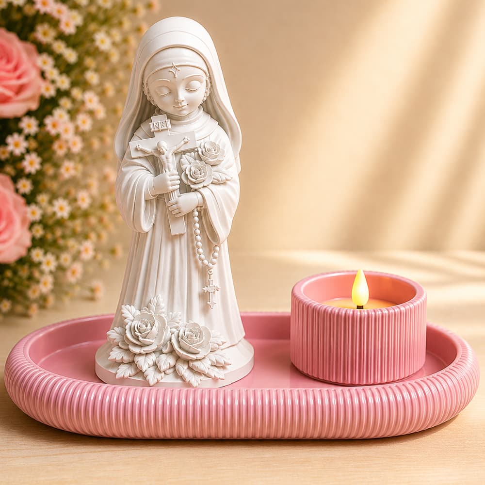 Santa Rita Baby Kit Religioso com Bandeja Porta Vela LED Cantinho de Oração Decoração Católica Presente de Fé