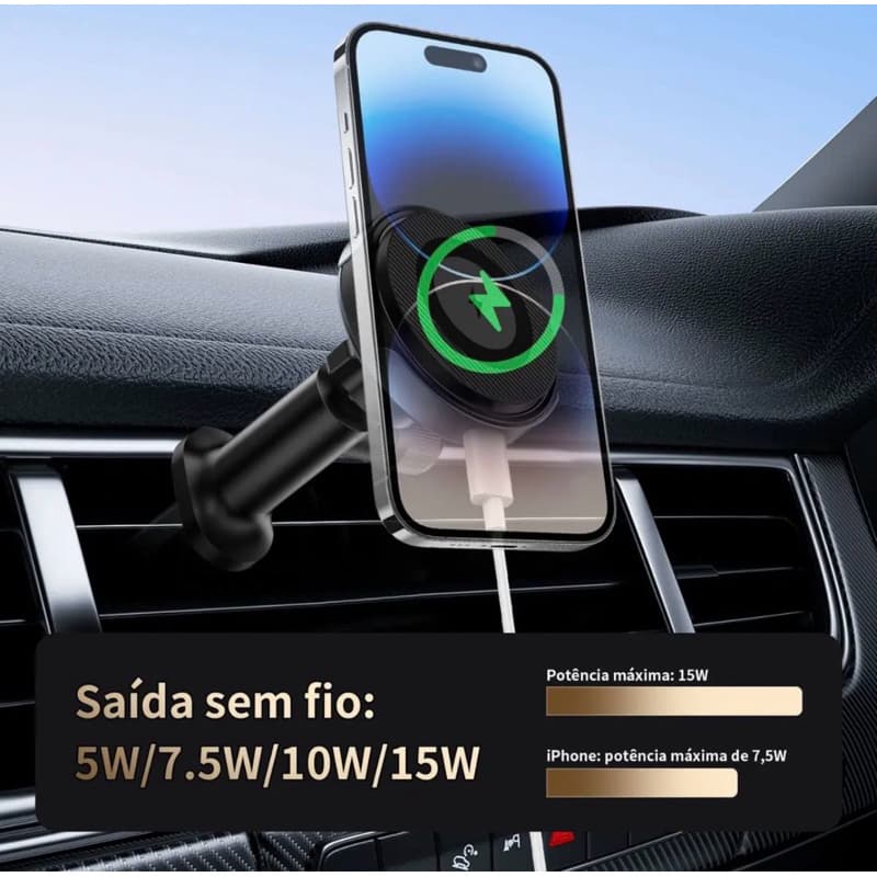 Suporte Magnético para Carro com Carregamento Sem Fio | Compatível com iPhone e Android -  Alta Fixação