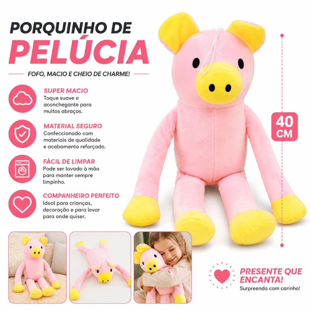 Ursinho de Pelúcia Porquinho Rosa Divertido Pep Porco 40cm Grande 40cmx 40cm Braços Abertos Original