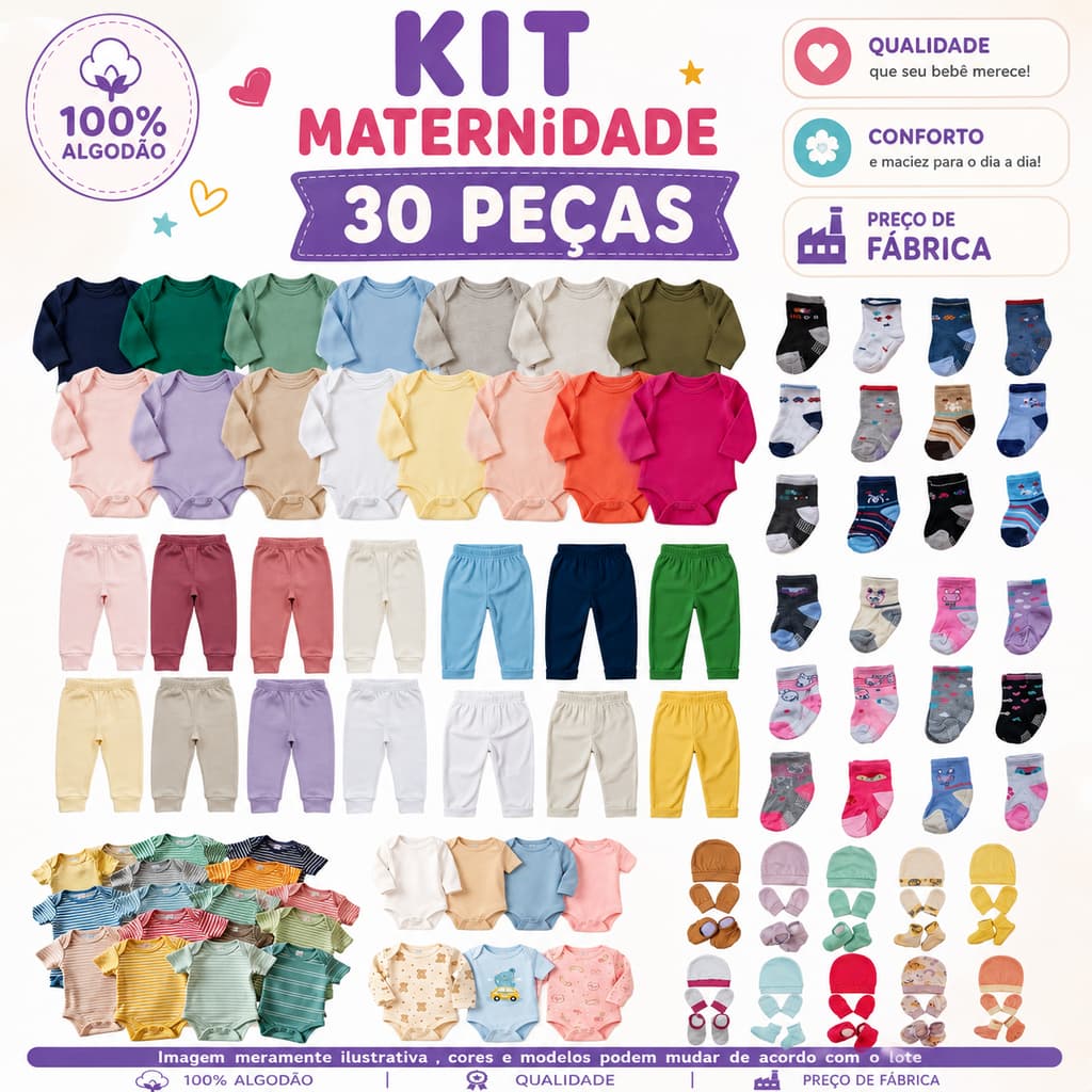 Kit 30 Pçs Roupinhas de Bebê Enxoval Recem Nascidos Maternidade Menino/ Menina/ Neutro